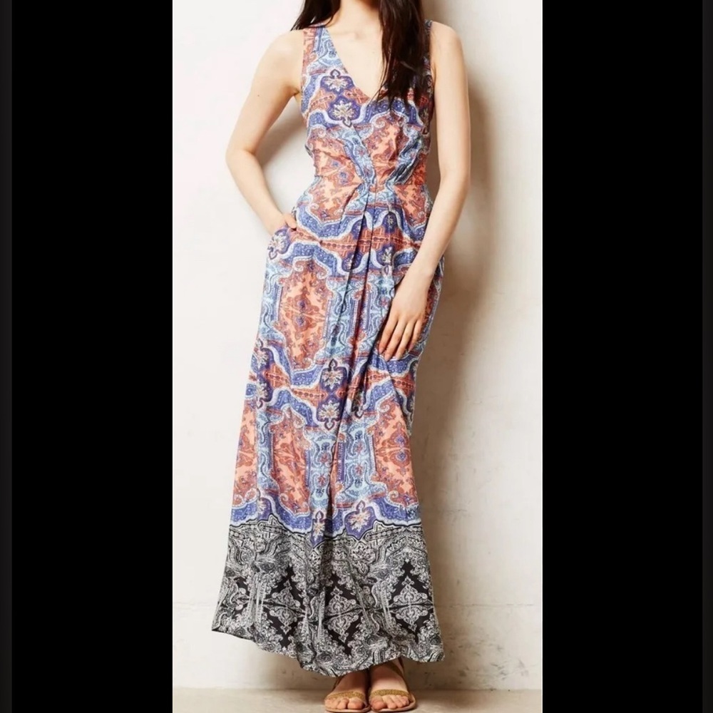 Maeve X Anthropologie 100% Silk Medallion Paisley  Maxi Dress W/ Pockets Size 4P